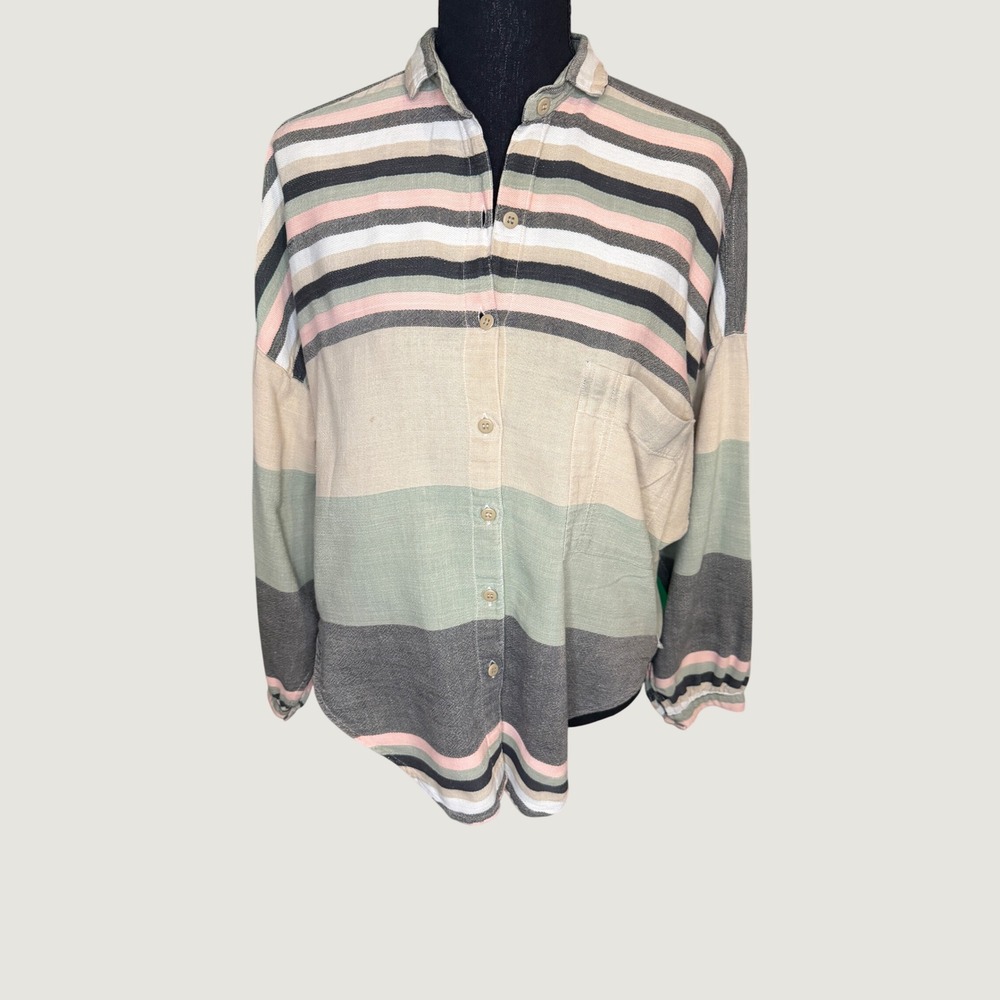 Angelique NYC Womens Large Striped Cotton Button Down Shirt Back Button Detail